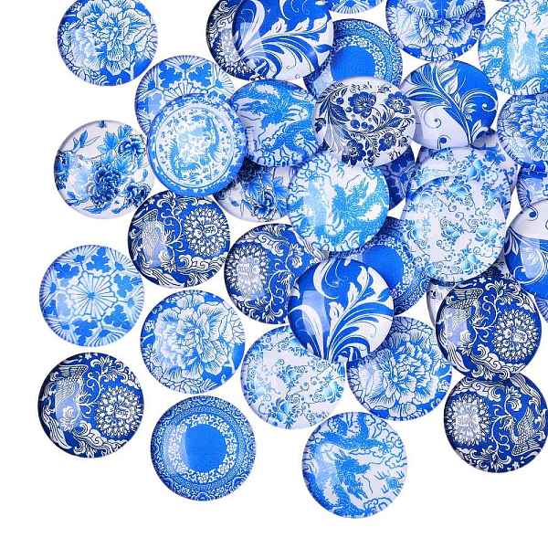 50Pcs Blue And White Printed Glass Cabochons