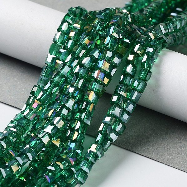 

PandaHall Electroplate Glass Bead Strands, AB Color Plated, Faceted, Cube, Teal, 4x4x4mm, Hole: 1mm, about 98pcs/strand, 15.7 inch Glass..., Cyan