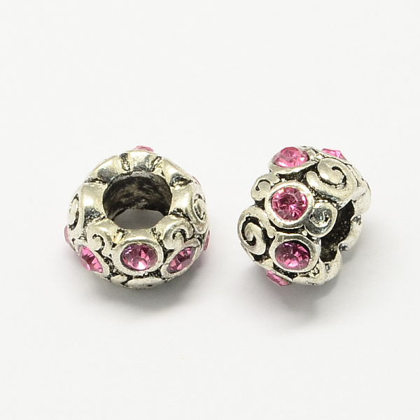 

PandaHall Alloy Rhinestone European Beads, Rondelle Large Hole Beads, Antique Silver, Rose, 11x8mm, Hole: 6mm Alloy+Rhinestone Rondelle Pink
