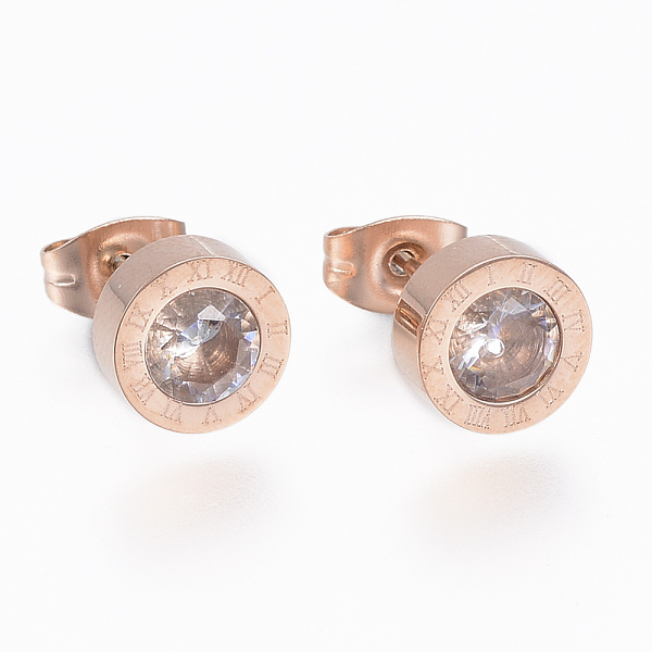 

PandaHall 304 Stainless Steel Stud Earrings, with Cubic Zirconia, Flat Round Carved Roman Numberals, Rose Gold, 8x3.5mm, Pin: 0.8mm Cubic...