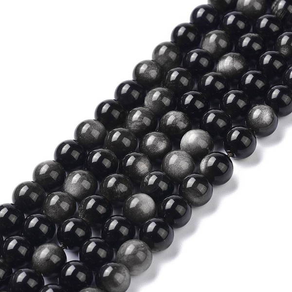 

PandaHall Natural Silver Obsidian Beads Strands, Round, 10mm, Hole: 1.2mm, about 36~38pcs/strand, 14.84''(37.7~39.5cm) Obsidian Round