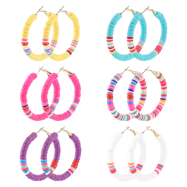 

PandaHall ANATTASOUL 6 Pairs 6 Colors Polymer Clay Heishi Surfer Beaded Hoop Earrings, Alloy Jewelry for Women, Mixed Color, 51x50x6mm, Pin..., Multicolor