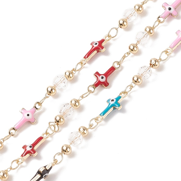 

PandaHall Brass Enamel Cross with Evil Eye Link Chains, with CCB Beaded, Soldered, with Spools, Cadmium Free & Lead Free, Real 14K Gold...