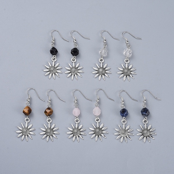 

PandaHall Tibetan Style Alloy Dangle Earrings, with Natural Gemstone Beads and Iron Earring Hooks, Flower, 53mm, Pin: 0.6mm Mixed Stone