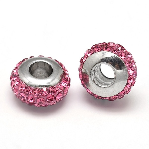 

PandaHall Rondelle 304 Stainless Steel Polymer Clay Rhinestone European Beads, with Double Side Platinum Color Core, Stainless Steel Color..., Pink