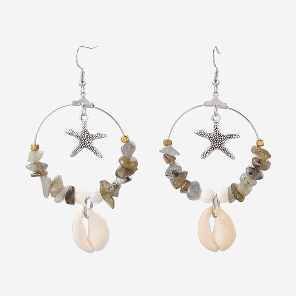 

PandaHall Chip Natural Labradorite Dangle Earrings, with Cowrie Shell, Tibetan Style Alloy Starfish/Sea Stars Pendants and Brass Earring..., Gray