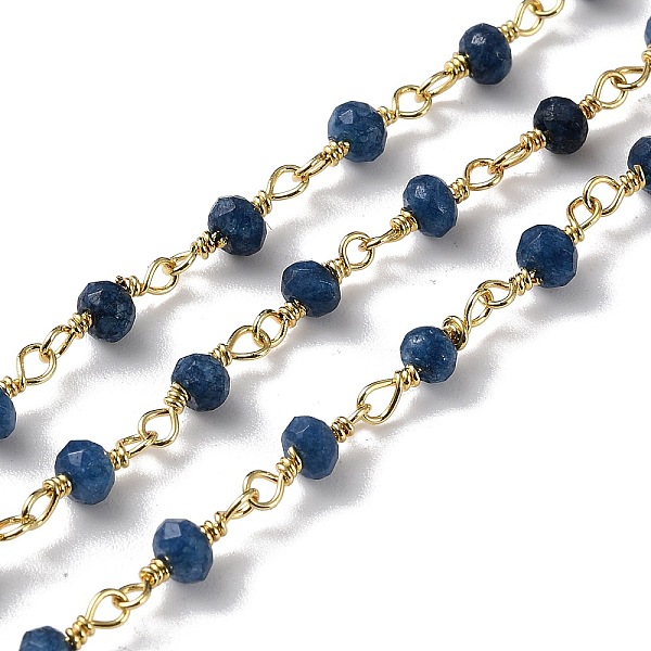 

PandaHall Natural White Jade Beaded Chains, Handmade Chains, with Spool, Unwelded, Dyed, Faceted Rondelle, with Brass Findings, Golden..., Blue