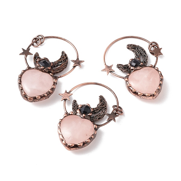 

PandaHall Natural Rose Quartz Big Pendants, with Red Copper Tone Brass Findings and Black Glass, Heart with Moon & Star, Cadmium Free & Lead...
