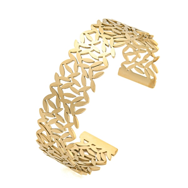 

PandaHall Ion Plating(IP) 304 Stainless Steel Hollow Open Cuff Bangles, Leaf, Real 18K Gold Plated, Inner Diameter: 2-1/2 inch(6.4cm)...