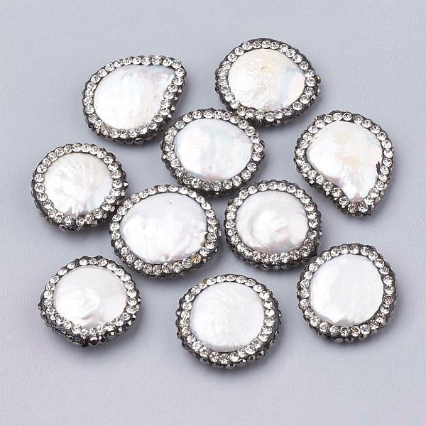 

PandaHall Flat Round Polymer Clay Rhinestone Natural Freshwater Shell Beads, Crystal, 15~23x15~19x5~6mm, Hole: 0.7mm Freshwater Shell Flat..., White