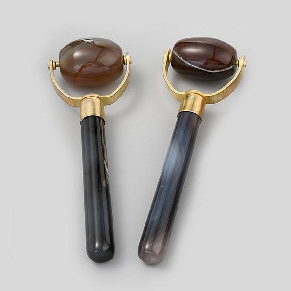 PandaHall Natural Agate Brass Massage Tools, Facial Roller for Skin, Eyes, Neck, Raw(Unplated), Black, 107x35x18mm Natural Agate Others...