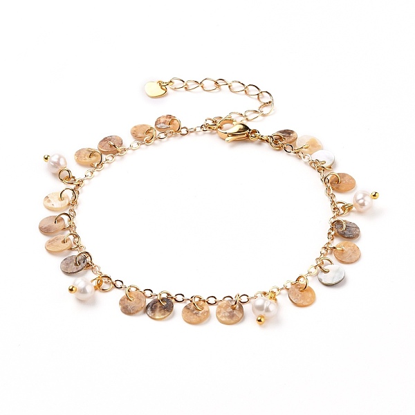 

PandaHall Natural Akoya Shell Flat Round Charm Bracelets, with Natural Pearl Beads, Brass Cable Chains and 304 Stainless Steel Lobster Claw..., Brown