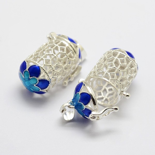 

PandaHall Brass Cage Pendants, For Chime Ball Pendant Necklaces Making, with Enamel, Hollow Column & Flower, Silver Color Plated, Blue...