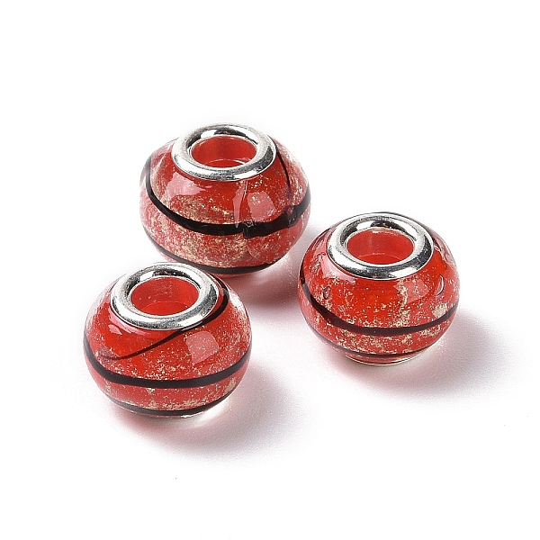 

PandaHall Handmade Lampwork Gold Sand Effect European Large Hole Rondelle Beads, with Silver Plated Brass Double Cores, Indian Red, 14x9mm...