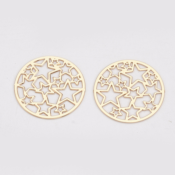 

PandaHall Brass Filigree Joiners Links, Etched Metal Embellishments, Long-Lasting Plated, Flat Round with Star, Light Gold, 17.5x0.3mm Brass...