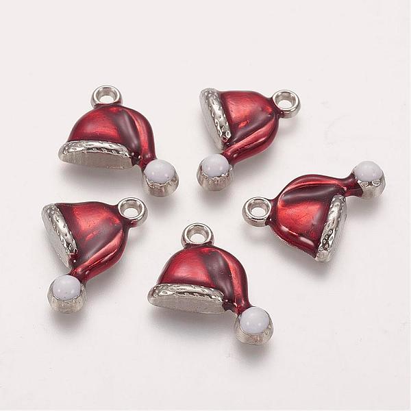 

PandaHall Brass Enamel Pendants, Cadmium Free & Nickel Free & Lead Free, Christmas Hat, Platinum Color, Dark Red and White, Size: about...