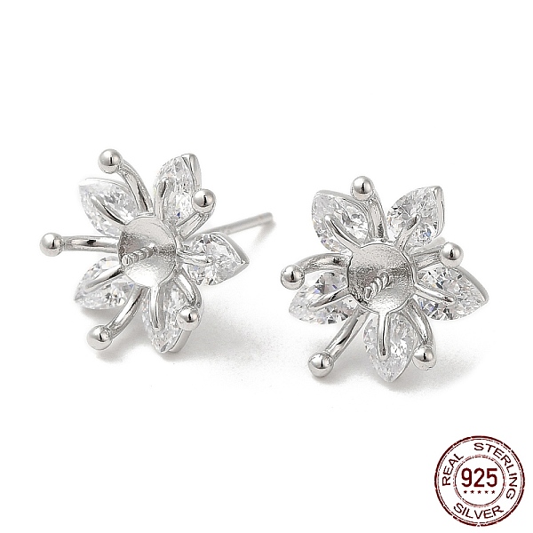 

PandaHall Rhodium Plated 925 Sterling Silver Stud Earring Findings, with Cubic Zirconia, Flower, for Half Drilled Beads, Real Platinum..., Clear