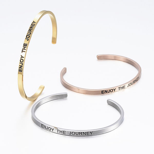 

PandaHall 304 Stainless Steel Inspirational Cuff Bangles, with Enamel & Word Word Enter The Journey, Mixed Color, 2-1/2 inchx2 inch(62x52mm)..., Black
