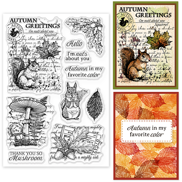 

PandaHall GLOBLELAND Squirrel Animal Clear Stamp Mushroom Background Maple Leaf Silicone Clear Stamp Autumn Seals for DIY Scrapbooking...