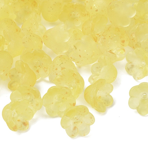 Frosted Glass Bead Cap, 6-Petal Flower, with Gold Powder, Yellow, 11x12x8mm, Hole: 1.4mm, about 1333pcs/1000g