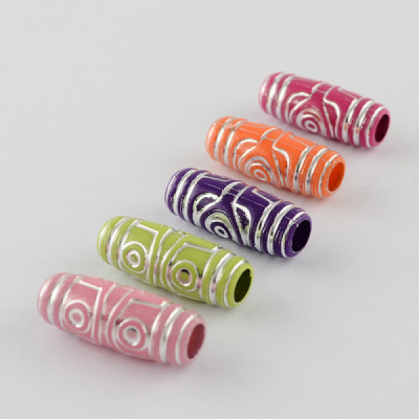 

PandaHall Plating Acrylic Beads, Metal Enlaced, Barrel, Mixed Color, 27x11mm, Hole: 6mm, about 330pcs/500g Acrylic Barrel Multicolor