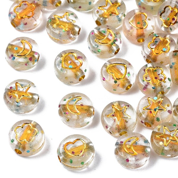 

PandaHall Transparent Clear Acrylic Beads, with Glitter Powder, Flat Round with Random Letters, Gold, 7x3.5mm, Hole: 1.5mm, about...