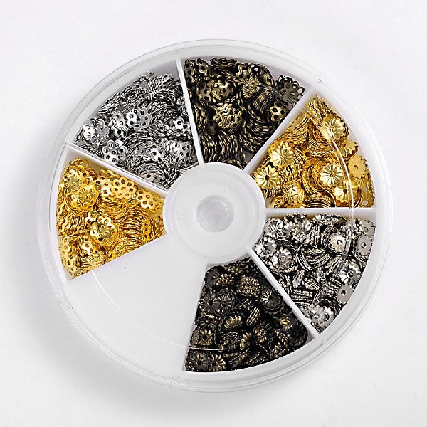 

PandaHall Iron Bead Caps, 3 Color, Mixed Color, 5~6x1~1.5mm, Hole: 1mm, about 200pcs/compartments, 1200pcs/box Iron