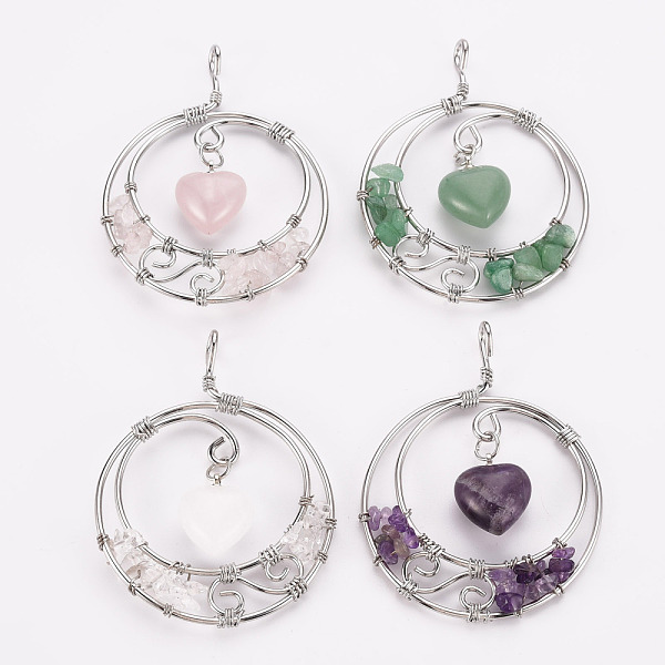 

PandaHall Natural Mixed Gemstone Big Pendants, Wire Wrapped Pendants, with Platinum Brass Wires, Flat Round with Heart, 63.5x49~50x9.5mm...