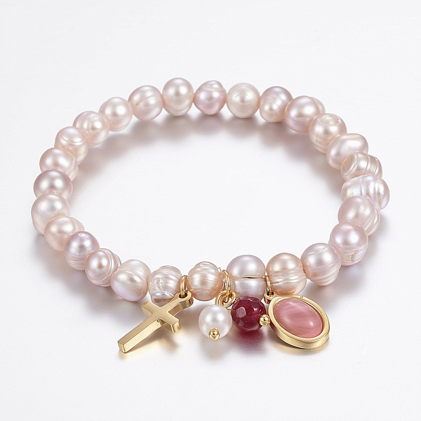 

PandaHall Natural Pearl Charm Bracelets, with Acrylic Beads and 304 Stainless Steel Findings, Cross, Golden, Misty Rose, 2-1/8 inch(55mm)..., Red