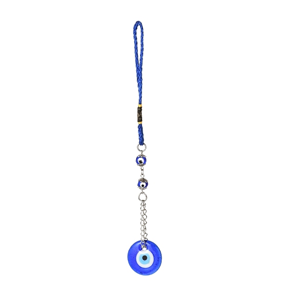 

PandaHall Flar Round with Evil Eye Glass Big Pendant Decorations, with Resin Beads, Alloy Findings, Iron Findings, Polyester Cord, Wall..., Blue