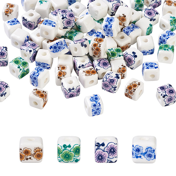 

PandaHall Fashewelry 72Pcs 4 Color Handmade Porcelain Ceramic Beads Strands, Flower Printed, Cube, Mixed Color, 9x9x9mm, Hole: 2.5mm..., Multicolor