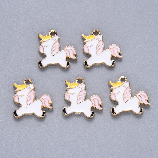 

PandaHall Alloy Enamel Pendants, Unicorn, Light Gold, Pink, 18x18x1.5mm, Hole: 2mm Alloy+Enamel Horse Pink