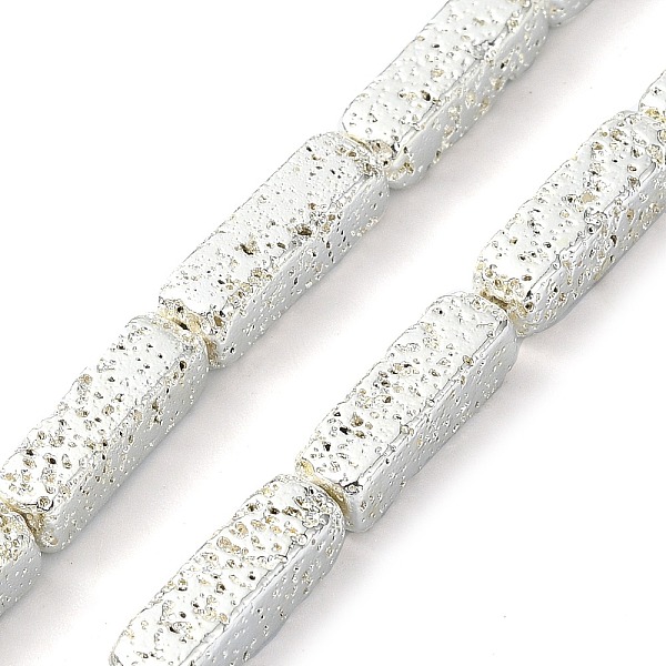 

PandaHall Electroplated Natural Lava Rock Beads Strands, Cuboid, Silver Plated, 13.5~14x4~4.5x4~4.5mm, Hole: 0.8~0.9mm, about 30pcs/strand...