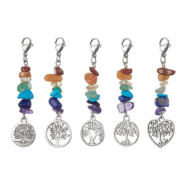 

PandaHall Chakra Gemstone Chips Pendant Decorations, Alloy Pendants and 304 Stainless Steel Clasp Charm, Flat Round/Heeart with Tree of Life...