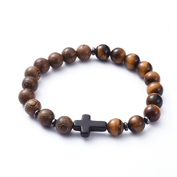 

PandaHall Natural Wood Beads Stretch Bracelets, with Natural Tiger Eye Beads, Non-Magnetic Synthetic Hematite Beads and Cross Synthetic...