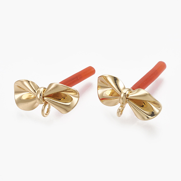 

PandaHall Brass Stud Earring Findings, with Loop, Raw(Unplated) Silver Pins and Plastic Protector, Real 18K Gold Plated, Bowknot, 16x8mm...