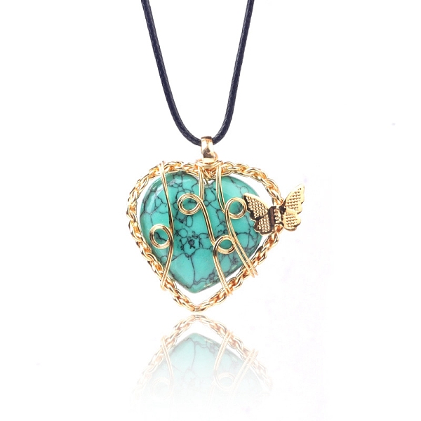 Synthetic Turquoise Dyed Metal Wire Wrapped Heart Pendants