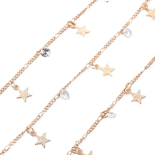 

PandaHall Handmade Brass Curb Chains, with Cubic Zirconia Charms, Soldered, Spool, Star, Textured, Real 18K Gold Plated, 3.3x1.5x0.3mm and..., Clear