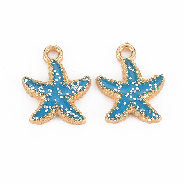 

PandaHall Alloy Pendants, with Enamel and Glitter, Light Gold, Starfish, Sky Blue, 18~19x15x3mm, Hole: 2mm Alloy+Enamel Starfish