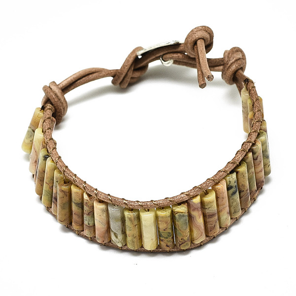 

PandaHall Cowhide Leather Cord Bracelets, with Column Natural Crazy Agate Beads and Alloy Findings, 9~11 inch(23~28cm) Crazy Agate