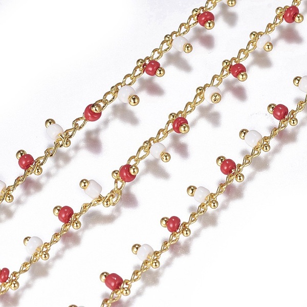 

PandaHall 3.28 Feet Handmade Seed Beaded Chains, Soldered, with Real 18K Gold Plated Brass Findings, White & Red, 1.8~2.5mm Brass+Glass