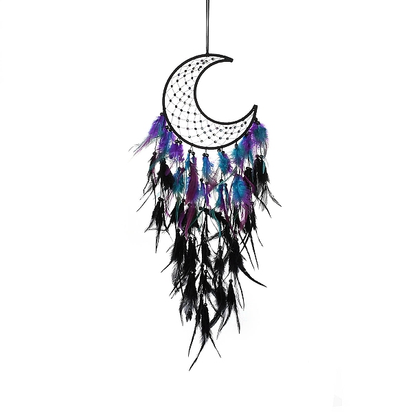 

PandaHall Moon Woven Web/Net with Feather Hanging Ornaments, Iron Ring and Wood Beads for Home Living Room Bedroom Wall Decorations, Black...