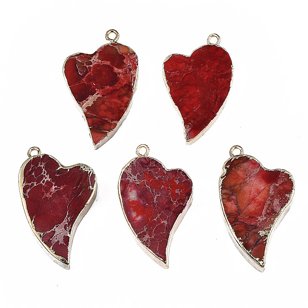 

PandaHall Electroplate Natural Regalite/Imperial Jasper/Sea Sediment Jasper Pendants, Dyed, with Iron Findings, Heart, Golden...