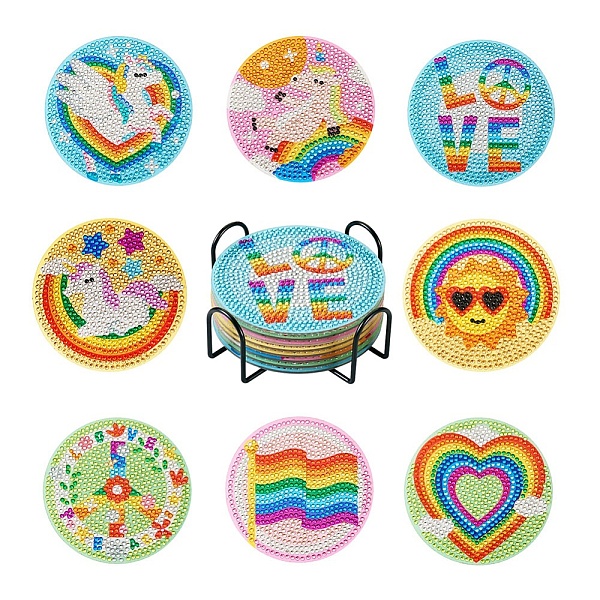 

PandaHall DIY Diamond Painting Rainbow Theme Cup Mat Kits, including Acrylic Cup Mat, Cork Mat, Iron Stand, Resin Rhinestones, Diamond..., Multicolor