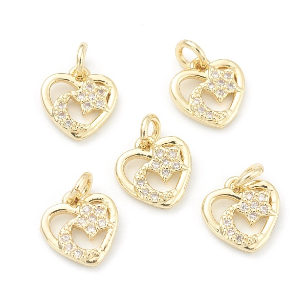 PandaHall Brass Clear Cubic Zirconia Charms, Long-Lasting Plated, with Jump Ring, Heart with Star and Moon, Golden, 9x9x2mm, Hole: 1.5mm...