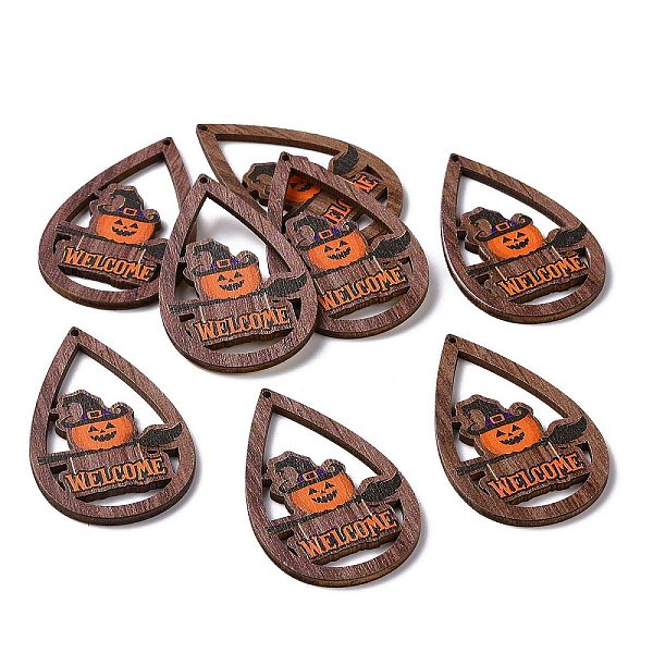 

PandaHall Halloween Theme Single Face Printed Aspen Wood Big Pendants, Teardrop Charm, Pumpkin Pattern, 54.5x34x2.5mm, Hole: 1.6mm Wood..., Red