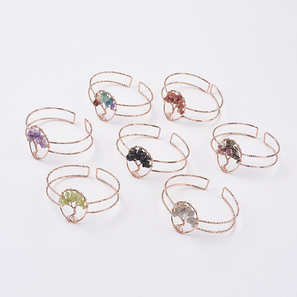 

PandaHall Natural Gemstone Chip Bead Cuff Bangles, with Rose Gold Tone Brass Findings, (2 inchx2-1/4 inch~2-3/8 inch)50x58~62mm Mixed Stone