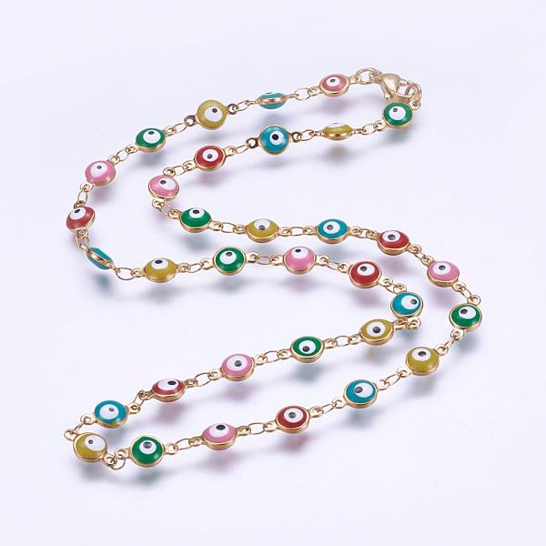 

PandaHall 304 Stainless Steel Chain Necklaces, with Enamel and Lobster Claw Clasps, Ion Plating (IP), Flat Round with Evil Eye, Golden, 17.7...
