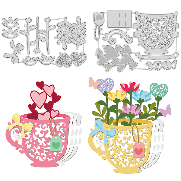 PandaHall GLOBLELAND 2Pcs 3D Flower Coffee Cup Cutting Dies Metal Love Tea Cup Die Cuts Embossing Stencils Template for Paper Card Making...