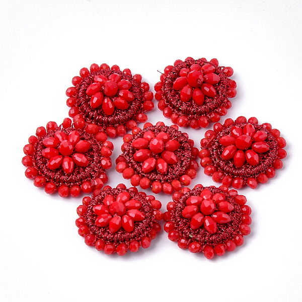 

PandaHall Glass Woven Pendants, Polyester Thread Covered with Brass Findings, Flat Round, Red, 29~31x8~12mm Brass+Glass Flat Round Red